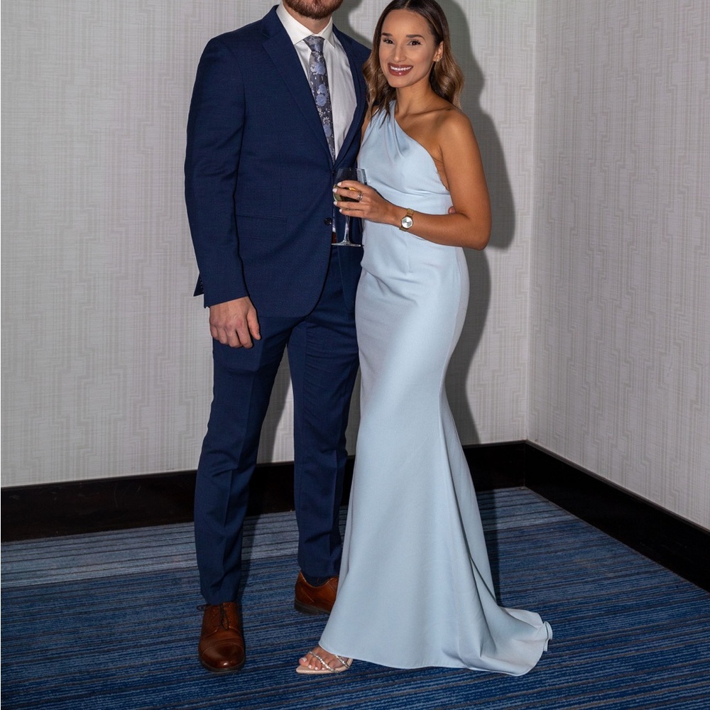 Mac Duggal Light Blue One-Shoulder Maxi Dress